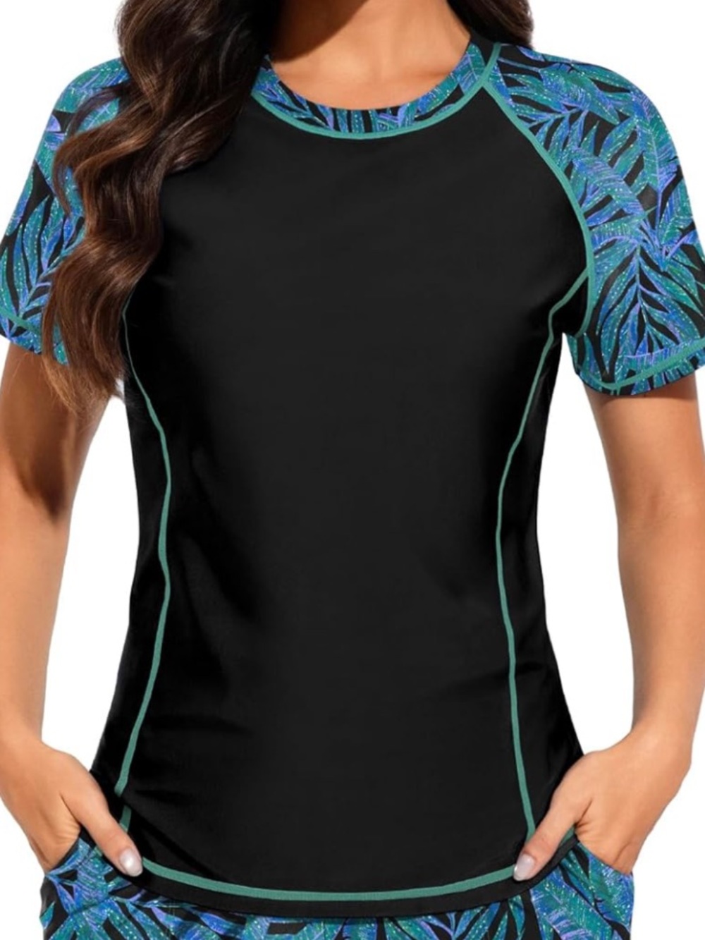 NWT Black Swim‎ Tee with Teal & Blue Leaf Trim M B85